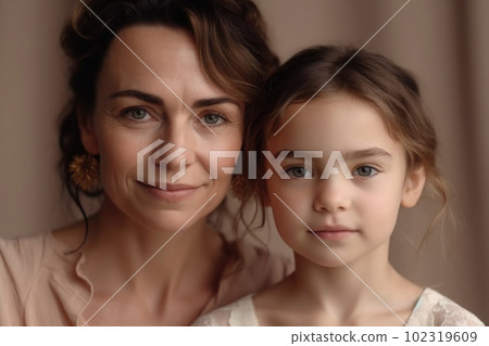 Mother and daughter portrait on pastel background. Generative AI 102319609
