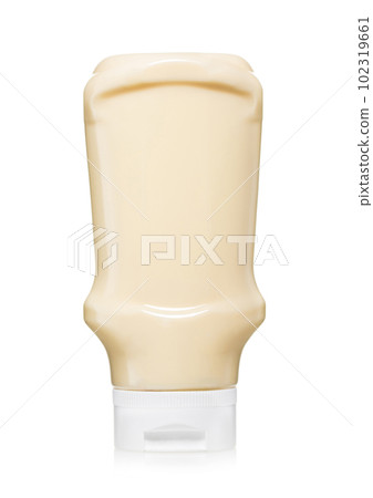 Classic light organic mayonnaise in plastic bottle on white. Classic light organic mayonnaise in plastic bottle on white. 102319661
