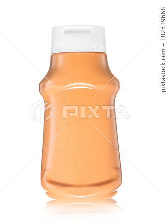 Ketchup and mayonnaise mixed sauce in plastic bottle on white. 102319668
