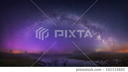 Night landscape with colorful Milky Way, spring sky Night landscape with colorful Milky Way, spring sky 102319885