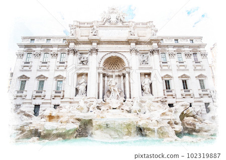 Watercolor painting style of The Fontana di Trevi or Trevi Fountain. the fountain in Rome, Italy. It is the largest Baroque fountain in the city and the most beautiful in the world. Watercolor painting style of The Fontana di Trevi or Trevi Fountain. the fountain in Rome, Italy. It is the largest Baroque fountain in the city and the most beautiful in the world. 102319887