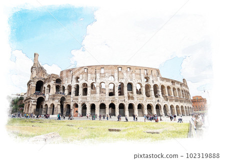 Watercolor painting style of  The Colosseum, an oval amphitheatre in the center of the city of Rome, Italy. It is the famous landmark built of concrete and sand. 102319888