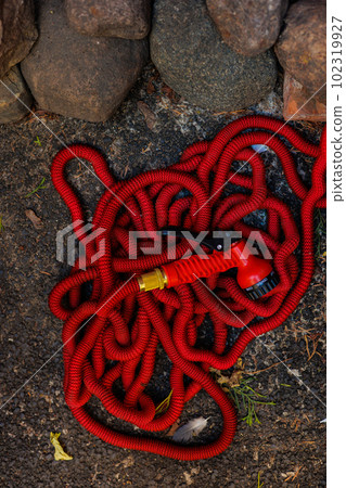 red hose for watering plants or for cleaning and washing sidewalks. color tool for watering flowers red hose for watering plants or for cleaning and washing sidewalks. color tool for watering flowers 102319927