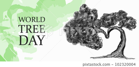 Congratulatory banner for WORLD Tree Day. Tree planting day. Pencil-drawn bonsai. Congratulatory banner for WORLD Tree Day. Tree planting day. Pencil-drawn bonsai. 102320004