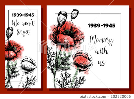 A set of congratulatory posters for the day of remembrance of the Second World War.Red poppies.May 8 and 9. A set of congratulatory posters for the day of remembrance of the Second World War.Red poppies.May 8 and 9. 102320006