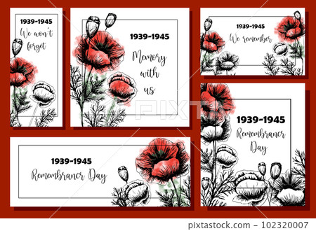 A set of congratulatory posters for the day of remembrance of the Second World War.Red poppies.May 8 and 9. 102320007