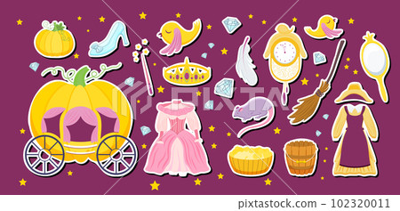 Princess sticker set. Pumpkin Carriage, Magic Mirror, Servant Dress and Princess Dress. Crystal Slipper, Fairy Wand and Tiara. Princess sticker set. Pumpkin Carriage, Magic Mirror, Servant Dress and Princess Dress. Crystal Slipper, Fairy Wand and Tiara. 102320011