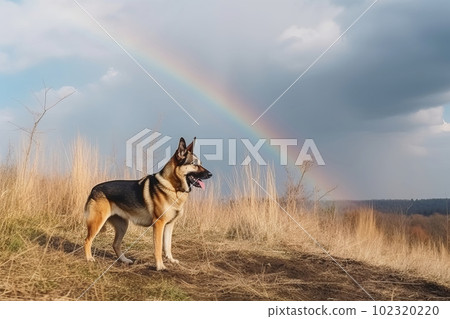 Cute pet dog goes to rainbow. Metaphor for pet's departure to afterlife. Generative AI illustration Cute pet dog goes to rainbow. Metaphor for pet's departure to afterlife. Generative AI illustration 102320220