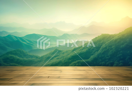 Empty wooden tabletop with green hills background for advertising and presentation. Selective focus on tabletop. Generative AI illustration 102320221