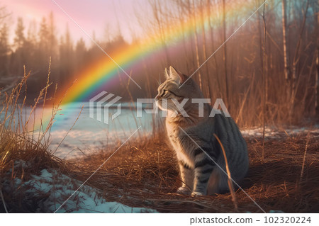 Cute pet cat goes to rainbow. Metaphor for pet's departure to afterlife. Generative AI illustration 102320224