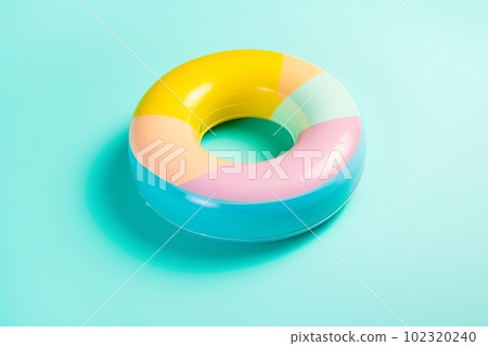 Inflatable pink and yellow ring floating on blue background. Generative AI illustration 102320240