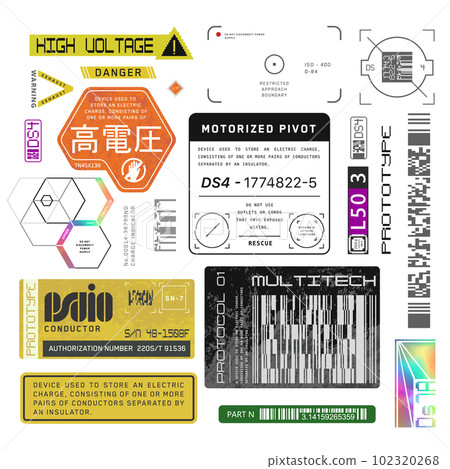 Cyberpunk decals set. Set of vector stickers and labels in futuristic style. 102320268