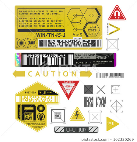 Cyberpunk decals set. Set of vector stickers and labels in futuristic style. 102320269