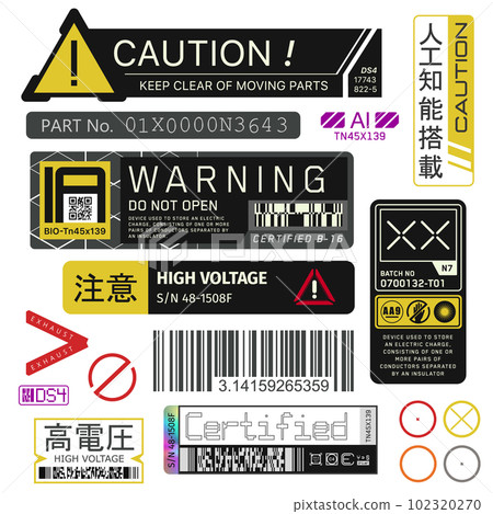 Cyberpunk decals set. Set of vector stickers and labels in futuristic style. 102320270