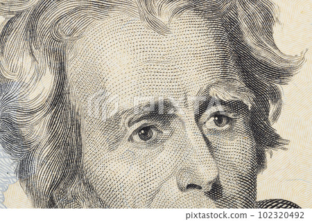 portrait of the president on American twenty dollar bills 102320492