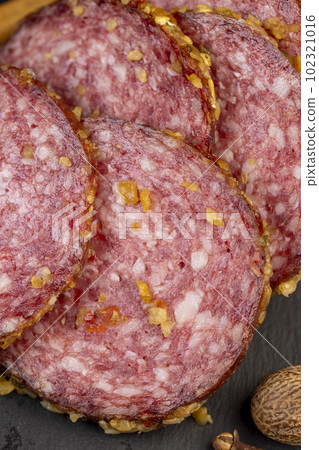 Pork sausage with spices and a lot of garlic 102321016