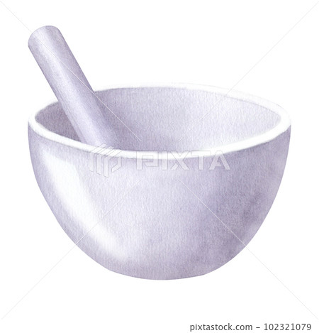 White mortar for chopping herbs. Bowl and pestle. Tool for grinding spices and herbs. Hand draw watercolor illustration isolated on white background White mortar for chopping herbs. Bowl and pestle. Tool for grinding spices and herbs. Hand draw watercolor illustration isolated on white background 102321079