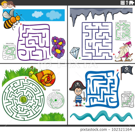 maze puzzles set with funny cartoon characters maze puzzles set with funny cartoon characters 102321164