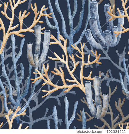 Coral reefs seamless Pattern on dark blue background. Hand drawn watercolor illustration of seaweed and algae for ornament in nautical style. Underwater backdrop or seabed for textile design or paper. 102321221