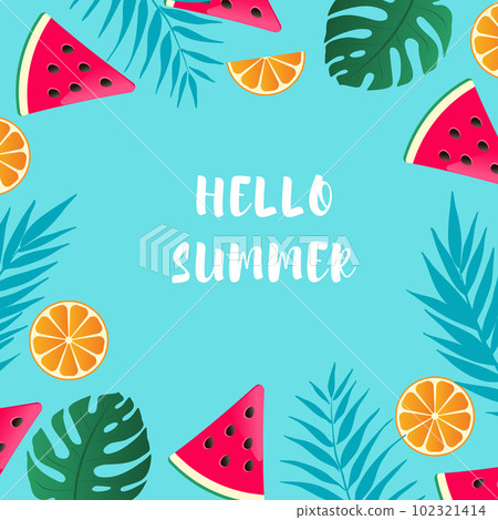Hello summer banner with watermelon, oranges and palm leaves. Hello summer banner with watermelon, oranges and palm leaves. 102321414