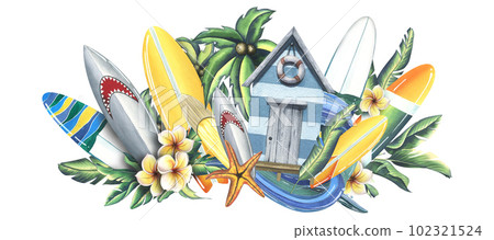 Wooden beach cabin with surfboard, tropical monstera leaves, frangipani flowers, road sign and cocktail in coconut. Watercolor illustration, hand drawn. Isolated composition on a white background. Wooden beach cabin with surfboard, tropical monstera leaves, frangipani flowers, road sign and cocktail in coconut. Watercolor illustration, hand drawn. Isolated composition on a white background. 102321524