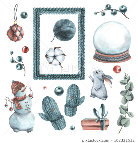 Set of Christmas elements with toys, gifts, snowman and bunny. Watercolor illustration, hand drawn. Isolated objects on a white background. For decoration and design of winter, new year. 102321532