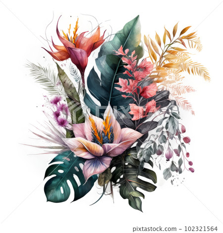 Watercolor tropical leaves. Illustration AI Generative 102321564