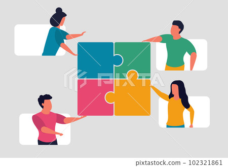 Working together as a team and people collaborating to solve problems. Colleagues and joint project success. People put the pieces of the puzzle together. Vector illustration concept 102321861