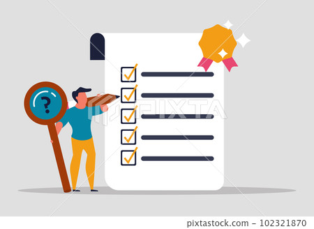 Task performance control and quality standard. List approval, compliance. Performance and quality assurance in company policy. The man is holding a magnifying glass and a pencil. Vector illustration Task performance control and quality standard. List approval, compliance. Performance and quality assurance in company policy. The man is holding a magnifying glass and a pencil. Vector illustration 102321870
