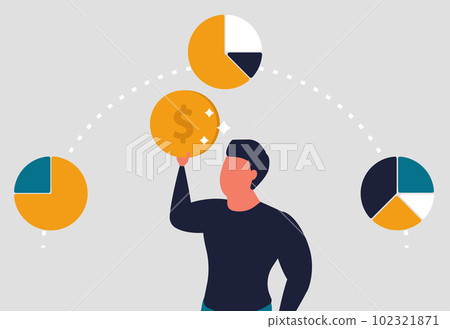 Personal finance and competent budget and money planning. The distribution of all payments is reasonable and wise. Accounting business man. A man holds a coin and plans finances. Vector illustration Personal finance and competent budget and money planning. The distribution of all payments is reasonable and wise. Accounting business man. A man holds a coin and plans finances. Vector illustration 102321871