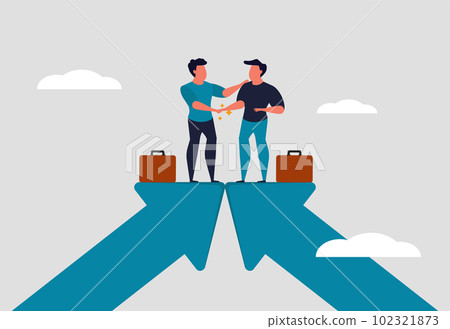 Cooperation of two businessmen, business partners. Joint work of two men and business negotiations. Men stand on the arrows and shake hands. Vector illustration 102321873