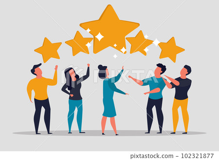Feedback from employees with the leader of the company. Evaluation of users of a service or service. People rate five, vector illustration Feedback from employees with the leader of the company. Evaluation of users of a service or service. People rate five, vector illustration 102321877