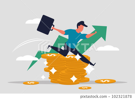 Profit growth and successful investment in stocks. Income growth or income from the stock market. A man jumps over a pile of gold coins. Concept of money and success. Vector illustration Profit growth and successful investment in stocks. Income growth or income from the stock market. A man jumps over a pile of gold coins. Concept of money and success. Vector illustration 102321878