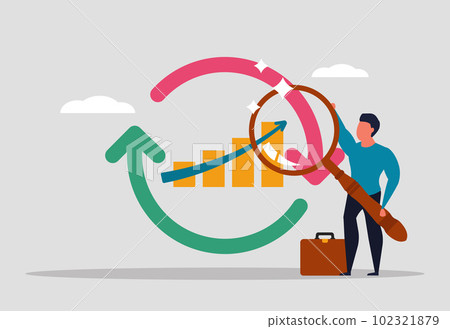 The economic cycle of obtaining company income. A man under a magnifying glass studies charts and finances. Statistics and analysis of financial data. Stock market diagram. Vector illustration The economic cycle of obtaining company income. A man under a magnifying glass studies charts and finances. Statistics and analysis of financial data. Stock market diagram. Vector illustration 102321879