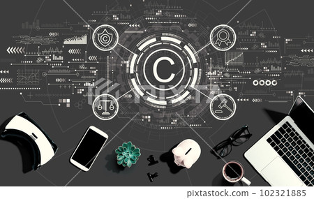 Copyright concept with electronic gadgets and office supplies 102321885