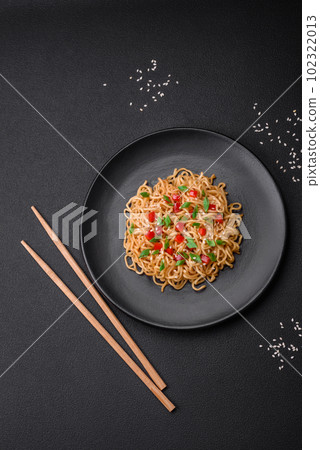Delicious fresh Asian noodles with vegetables, salt, spices and herbs 102322013
