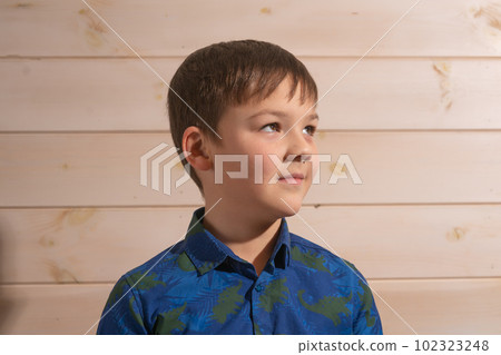 Portrait of a boy 8 years old brunette in a blue shirt. Side view. Portrait of a boy 8 years old brunette in a blue shirt. Side view. 102323248