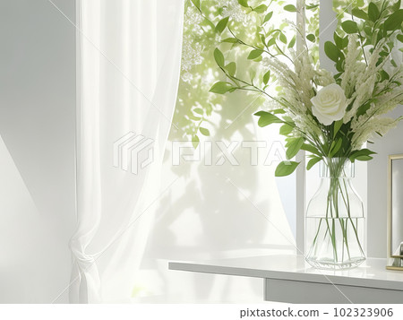Create an Atmosphere of Luxury and Natural Beauty with our Glossy White Counter Table and Tree Leaf Bouquet 3D Product Display Background. Generative AI. 102323906