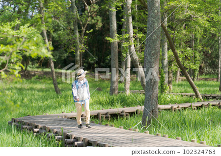 一位高級女性在新綠色中徒步旅行的照片 102324763
