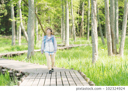 Photo of a senior woman hiking in fresh green 102324924