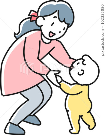 Smiling young mother supporting her standing baby Smiling young mother supporting her standing baby 102325080