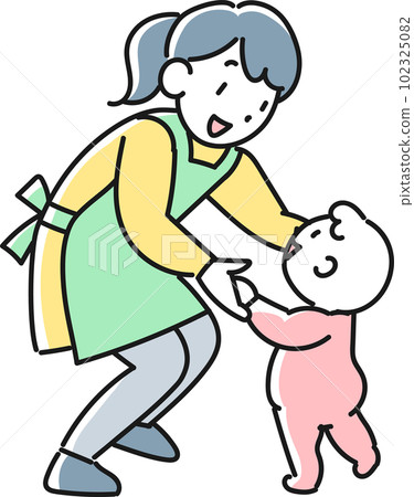 微笑的年輕女托兒所老師支持一個站立的嬰兒 102325082