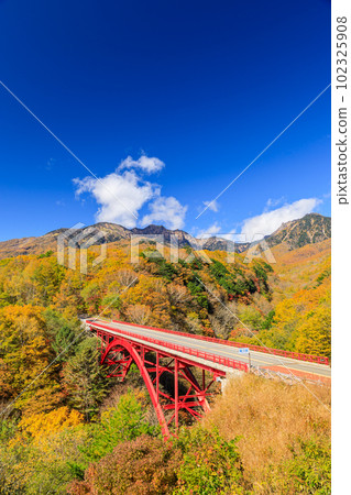 Yamanashi _ Superb view of Mt. Yatsugatake and autumn leaves seen from Higashizawa Bridge Yamanashi _ Superb view of Mt. Yatsugatake and autumn leaves seen from Higashizawa Bridge 102325908