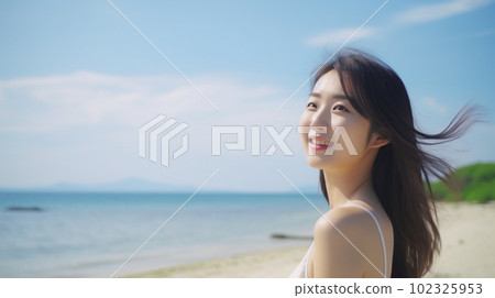 一個年輕漂亮的女人走在沙灘上 AI 圖像 102325953