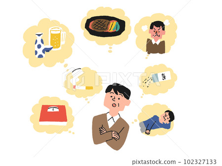 An illustration that a man with a reserve for lifestyle-related diseases thinks about his life An illustration that a man with a reserve for lifestyle-related diseases thinks about his life 102327133