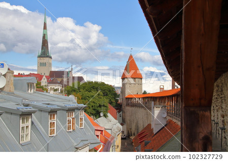 Scandinavian Estonia World heritage Tallinn old town historic district with remnants of the Middle Ages View from the walled corridor 102327729