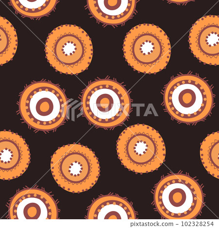 Seamless pattern with geometric aboriginal ornament. Ethnic tribal rounded color background. Afican, australian motiph. Dots painting. Vector illustration, template design for cloth, card, fabric 102328254