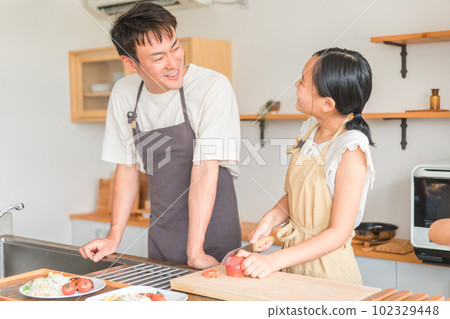 Dad in the kitchen, father teaching me how to cook, child cooking together, daughter Dad in the kitchen, father teaching me how to cook, child cooking together, daughter 102329448