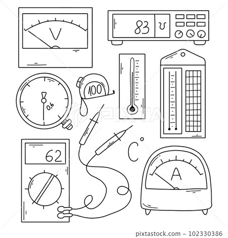 Set of metrological instruments in doodle style. Vector illustration. Linear measuring instruments. 102330386