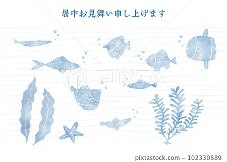 夏季賀卡魚和海藻的海圖 102330889